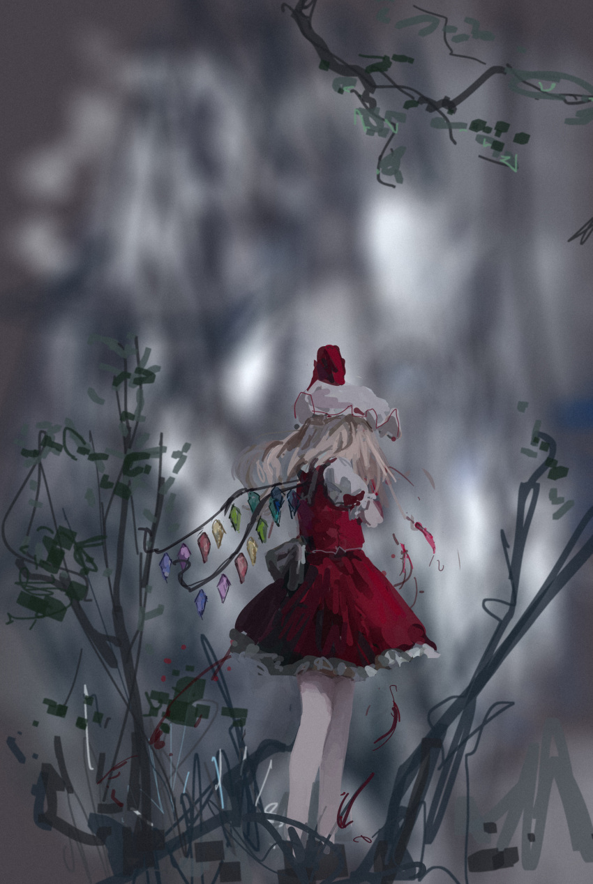 1girl absurdres ascot bat_wings blonde_hair bow crystal flandre_scarlet frilled_shirt frilled_shirt_collar frilled_skirt frilled_sleeves frills from_behind grey_background hat hat_ribbon highres mob_cap puffy_short_sleeves puffy_sleeves red_bow red_eyes red_ribbon red_skirt red_vest reddizen ribbon sash shirt short_hair short_sleeves side_ponytail skirt touhou tree tree_branch vest white_bow white_sash white_shirt wings wrist_cuffs yellow_neckwear
