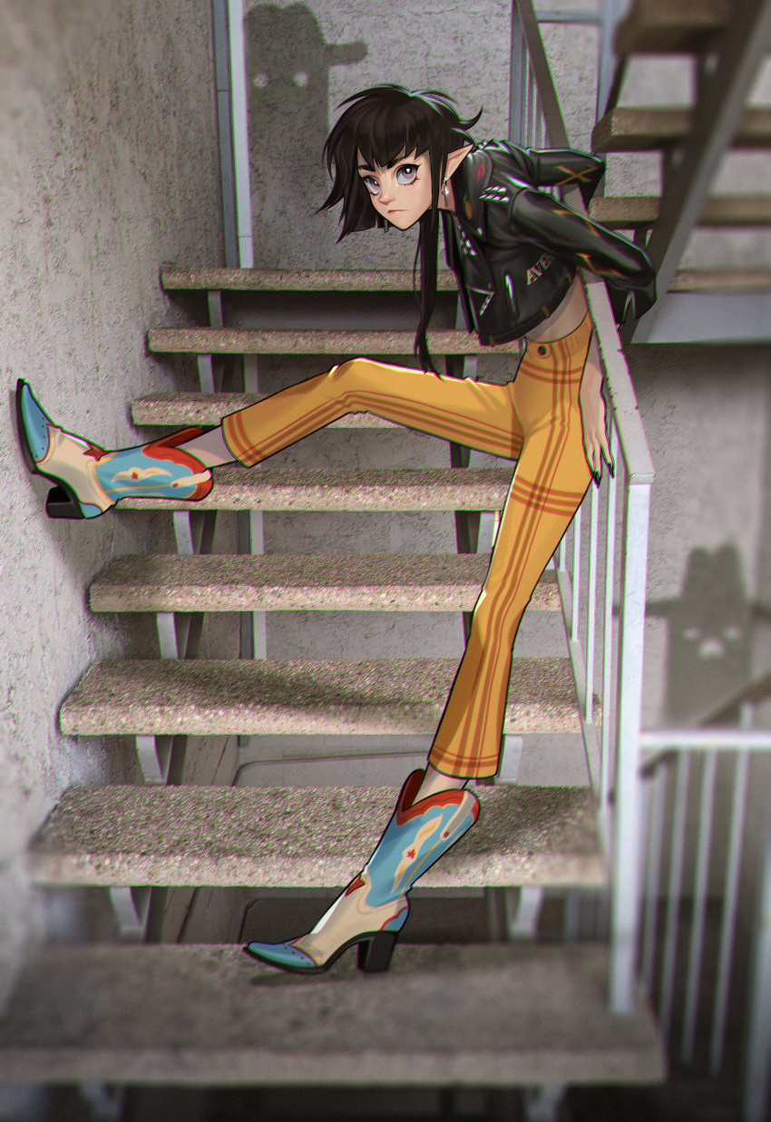 1girl absurdres black_hair black_jacket black_nails boots chromatic_aberration cross cross_earrings earrings grey_eyes high_heels highres jacket jewelry midriff original oskar_vega pants pointy_ears short_hair_with_long_locks solo stairs yellow_pants