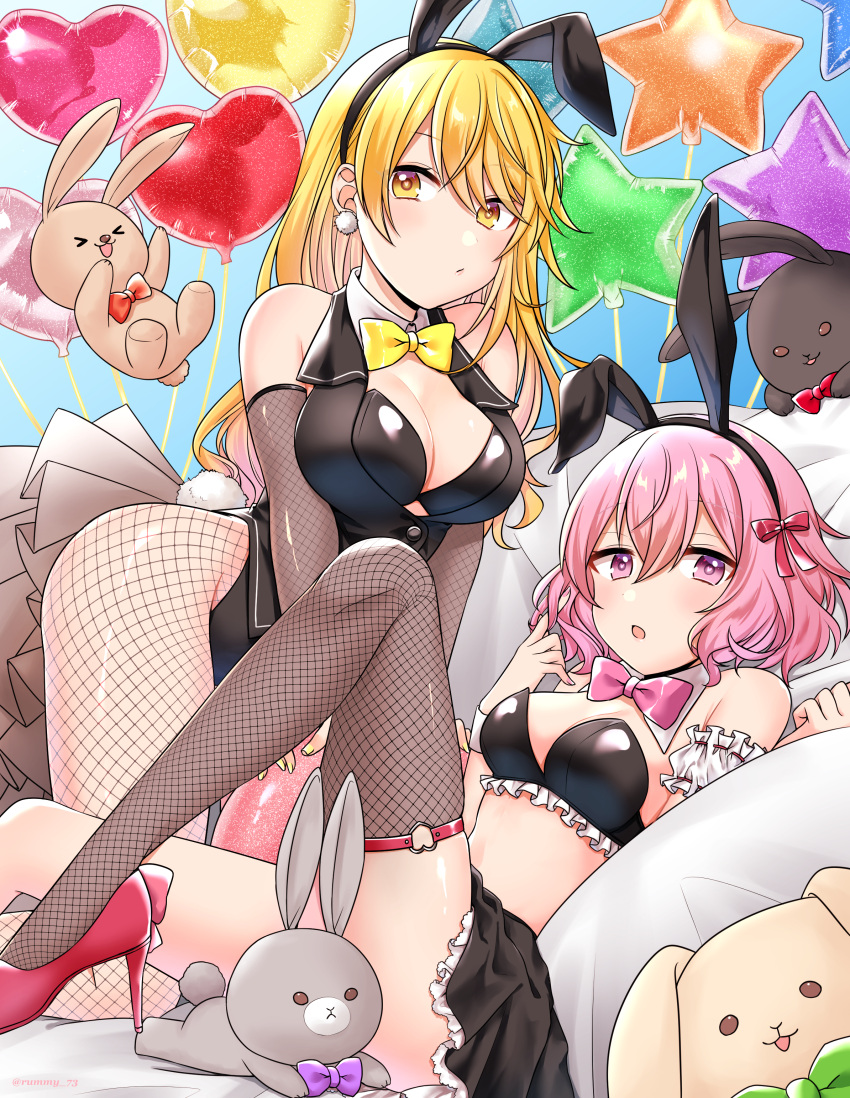 1boy 1girl absurdres animal_costume animal_ears bangs blonde_hair bow bowtie breasts bunny_costume doll heart_balloon highres looking_at_viewer male_focus niconico nqrse open_mouth pillow pink_eyes pink_hair playboy_bunny rabbit_boy rabbit_ears rummy_73 senko_(urashimasakatasen) senra_(singer) short_hair simple_background skirt star_balloon urashimasakatasen utaite_(singer)