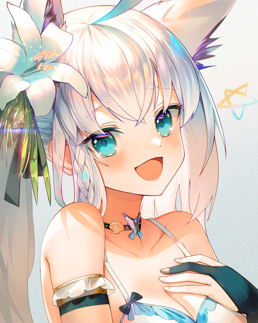 1girl :d absurdres animal_ear_fluff animal_ears bangs bikini blue_eyes braid bridal_gauntlets collarbone commentary english_commentary eyebrows_visible_through_hair flower fox_ears grey_background hair_between_eyes hair_flower hair_ornament hand_up highres hololive huge_filesize janyhero long_hair looking_at_viewer open_mouth shirakami_fubuki smile solo swimsuit upper_body virtual_youtuber white_bikini white_flower white_hair