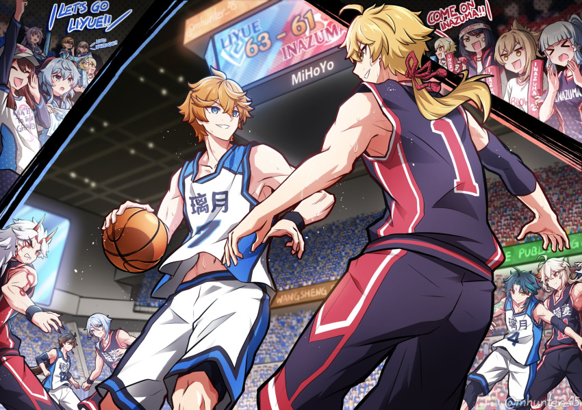 &gt;_&lt; 6+boys 6+girls alternate_costume anger_vein arataki_itto arm_tattoo arm_up ball bangs basketball basketball_uniform black_hair blonde_hair blunt_bangs bodypaint brown_hair clothes_writing english_commentary english_text facepaint flower ganyu_(genshin_impact) genshin_impact hair_flower hair_ornament hat highres horns hu_tao_(genshin_impact) indoors jersey kaedehara_kazuha kamisato_ayaka kamisato_ayato keqing_(genshin_impact) kujou_sara long_hair lumine_(genshin_impact) mhunter_45 multicolored_hair multiple_boys multiple_girls open_mouth orange_hair ponytail short_hair shorts sleeveless sportswear streaked_hair sweat tartaglia_(genshin_impact) tattoo thoma_(genshin_impact) toned toned_male twitter_username white_flower white_hair xiao_(genshin_impact) yoimiya_(genshin_impact) zhongli_(genshin_impact)