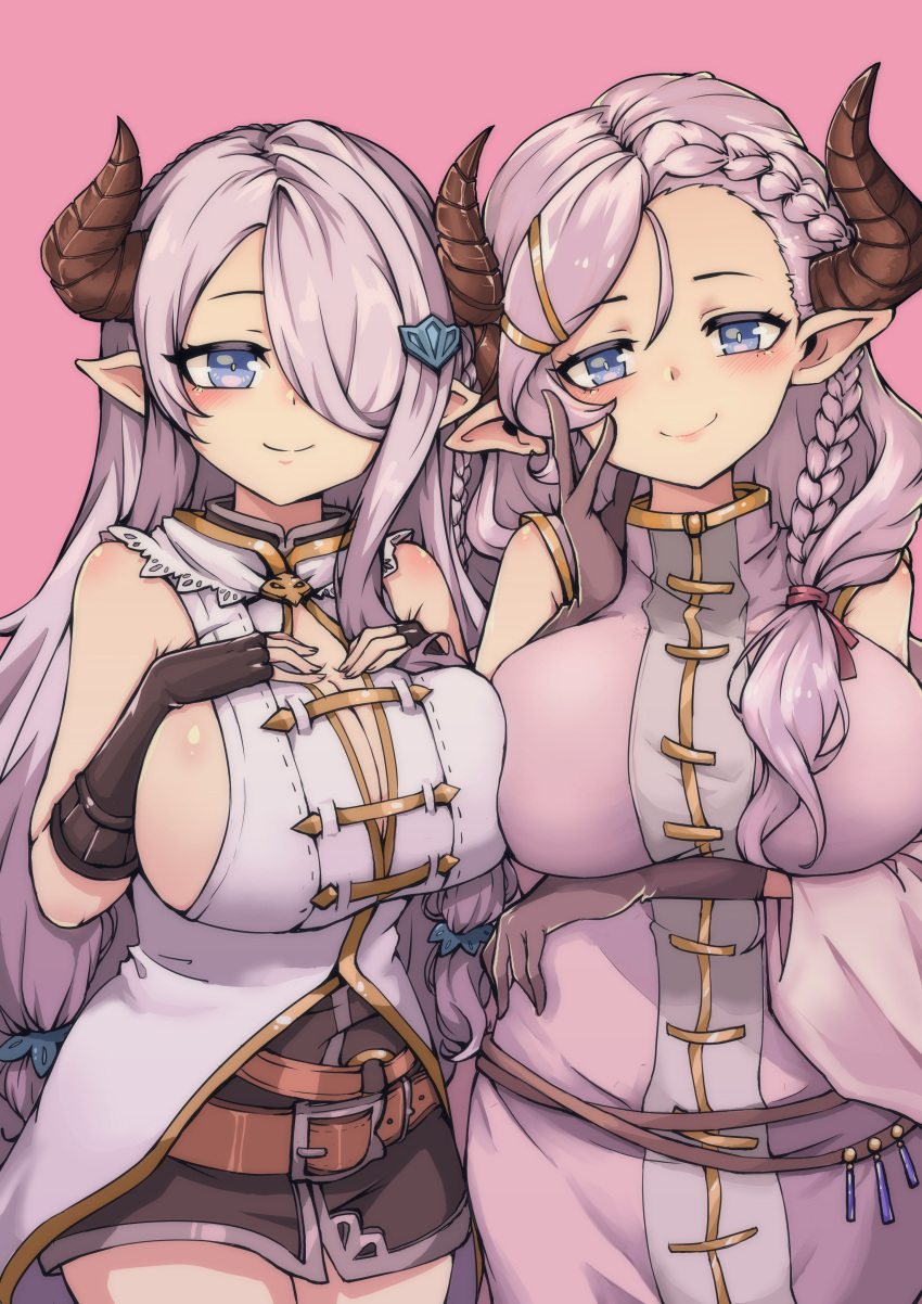 2girls absurdres blue_eyes braid breasts demon_horns draph granblue_fantasy hair_ornament highres horns large_breasts laruna_(granblue_fantasy) light_purple_hair low_tied_hair mother_and_daughter multiple_girls narmaya_(granblue_fantasy) pointy_ears ppyumeuleulu single_braid