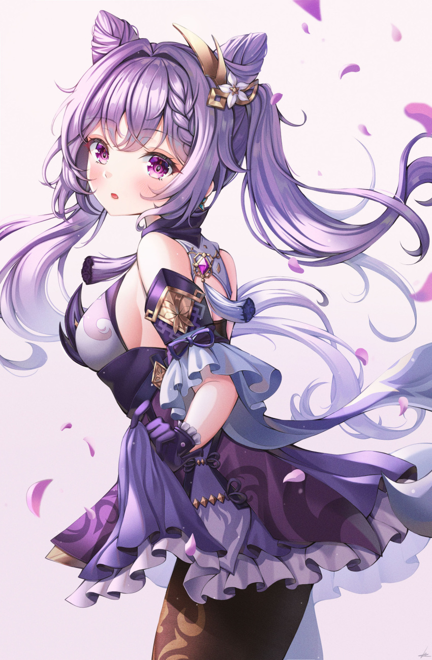 1girl :o absurdres bangs bare_shoulders blush braid breasts brown_legwear commentary detached_sleeves dress eyebrows_visible_through_hair from_side genshin_impact gloves hair_ornament hair_over_eyes highres keqing_(genshin_impact) long_hair looking_at_viewer medium_breasts pantyhose petals purple_dress purple_gloves purple_hair signature skirt_hold solo standing tassel twintails very_long_hair violet_eyes vision_(genshin_impact) wol_(wol_927)