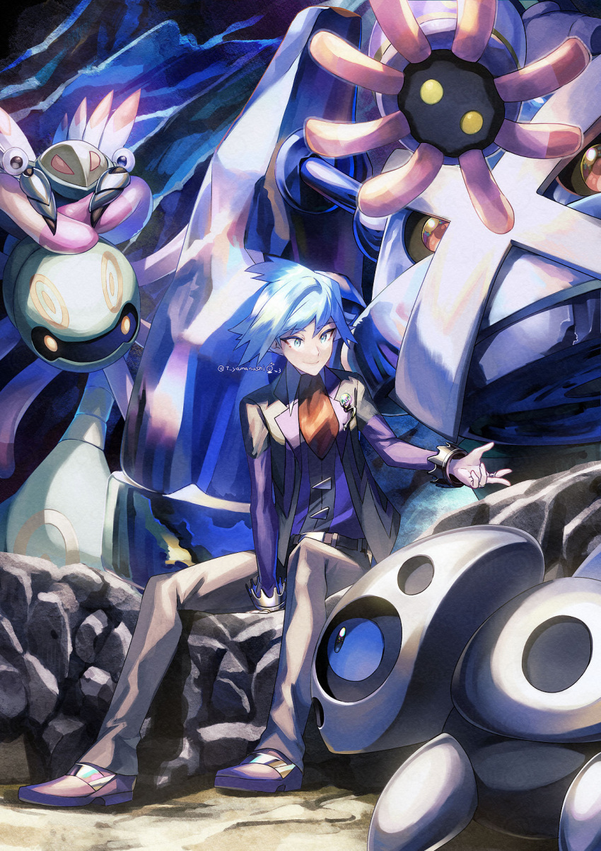 1boy anorith aron bangs belt belt_buckle blue_eyes blue_hair buckle closed_mouth commentary_request cradily eyebrows_visible_through_hair gen_3_pokemon highres jacket lileep long_sleeves looking_to_the_side male_focus metagross open_clothes open_jacket pants pokemon pokemon_(game) pokemon_oras rock shoes short_hair sitting smile spiky_hair steven_stone yamanashi_taiki