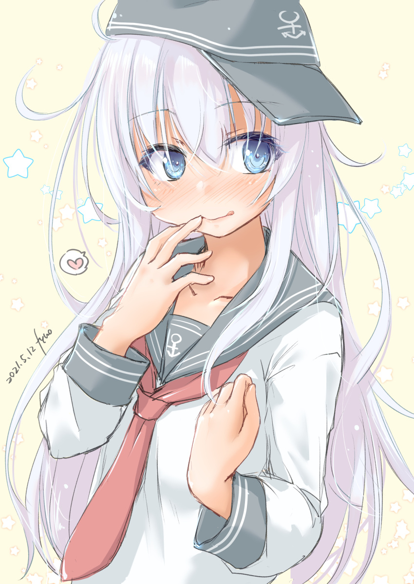 1girl absurdres anchor_symbol artist_name beige_background black_sailor_collar blue_eyes dated facing_viewer finger_to_mouth flat_cap fyuo hat heart hibiki_(kancolle) highres kantai_collection long_hair neckerchief one-hour_drawing_challenge red_neckwear sailor_collar school_uniform serafuku sideways_glance silver_hair simple_background solo spoken_heart starry_background upper_body white_background