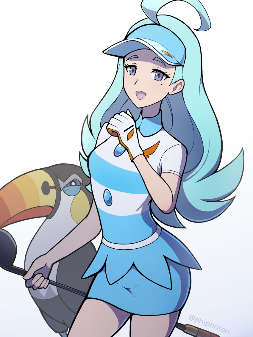 1girl absurdres ahoge blue_hair blue_headwear blue_skirt collared_shirt commentary elite_four gen_7_pokemon golf_club grey_eyes highres holding_golf_club kahili_(pokemon) long_hair mole mole_under_eye phiphi-au-thon pokemon pokemon_(creature) pokemon_(game) pokemon_sm shirt short_sleeves skirt striped striped_shirt toucannon visor_cap