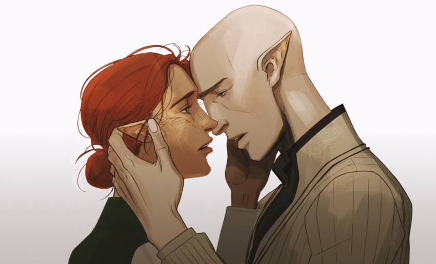 1boy 1girl bald cheetahman_(1ddghfr78cswc) dragon_age dragon_age:_inquisition elf eye_contact facial_tattoo freckles from_side green_eyes hair_bun hand_on_another's_face hetero imminent_kiss inquisitor_(dragon_age) looking_at_another parted_lips pointy_ears redhead shirt solas tattoo white_background
