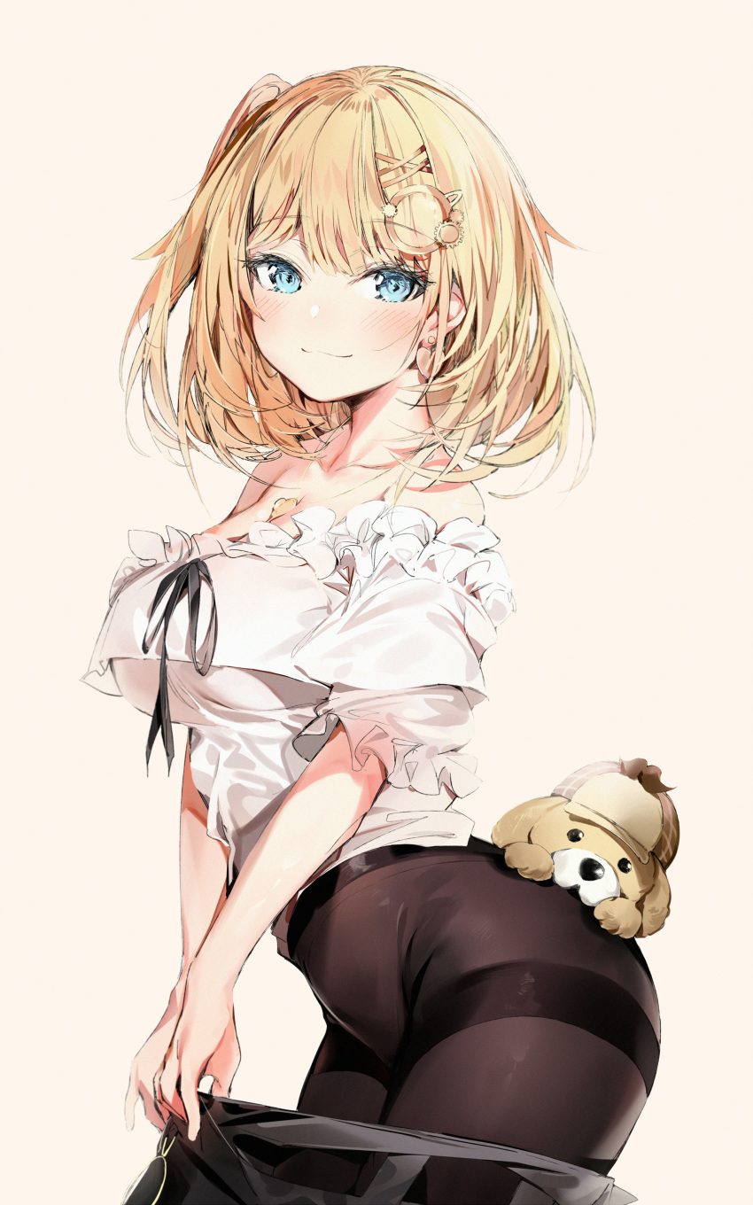 1girl absurdres bangs black_legwear black_ribbon black_skirt blonde_hair blue_eyes blush breasts bubba_(watson_amelia) closed_mouth clothes_pull collarbone deerstalker dog earrings eyebrows_visible_through_hair frilled_sleeves frills hair_ornament hairclip hat heart heart_earrings heart_necklace highres hololive hololive_english huge_filesize jewelry medium_breasts monocle_hair_ornament off-shoulder_shirt off_shoulder one_side_up pantyhose ribbon shirt short_hair short_sleeves silver_(chenwen) simple_background skirt skirt_pull smile thighband_pantyhose virtual_youtuber watson_amelia white_shirt yellow_background