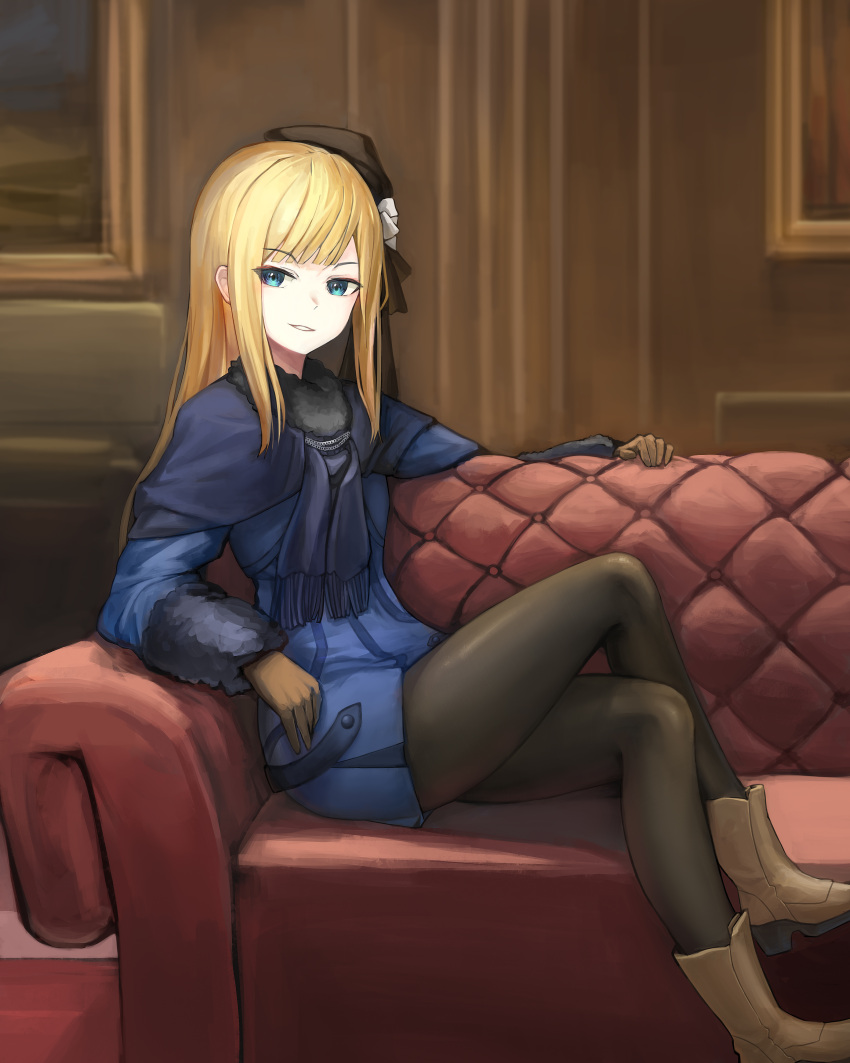 1girl absurdres ankle_boots bangs black_headwear black_legwear blonde_hair blue_eyes blunt_bangs boots brown_footwear brown_gloves couch crossed_legs eyebrows_visible_through_hair fate/grand_order fate_(series) flower fur_collar gloves hat hat_flower highres indoors klowncel long_hair long_sleeves looking_at_viewer pale_skin pantyhose reines_el-melloi_archisorte sitting smile solo