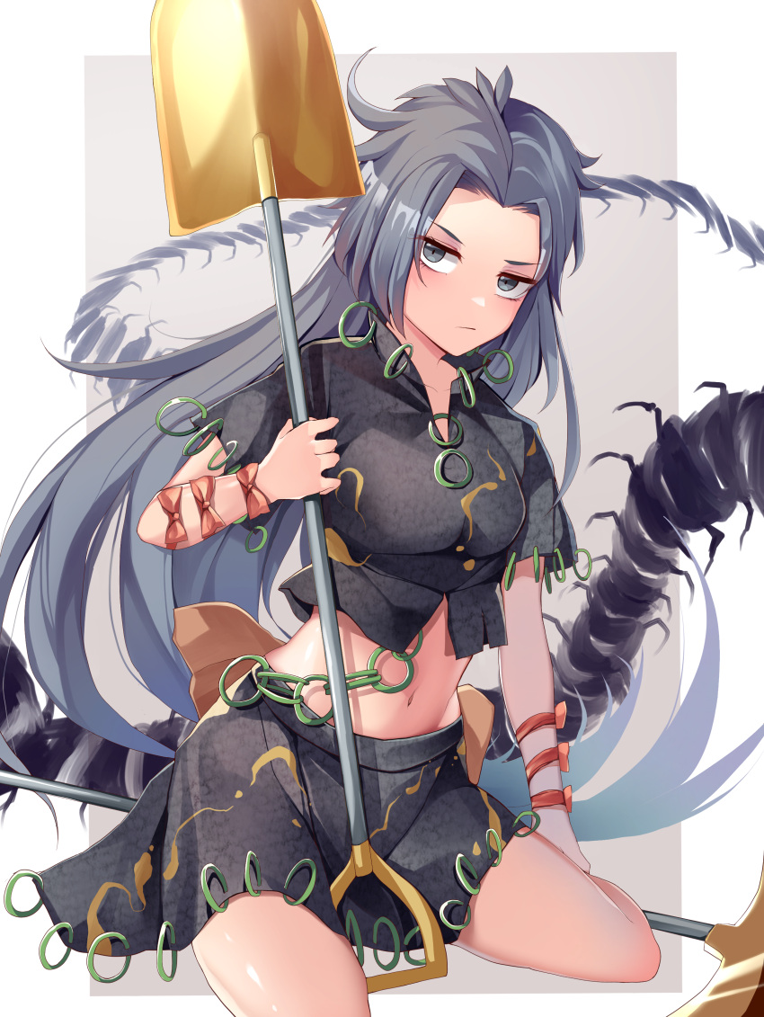 1girl absurdres bow breasts bug centipede crop_top expressionless grey_background grey_eyes grey_hair highres himemushi_momoyo holding holding_pickaxe holding_shovel jewelry koizumo light_blush long_hair looking_at_viewer medium_breasts midriff navel orange_bow ring serious shovel simple_background sitting solo touhou very_long_hair wariza