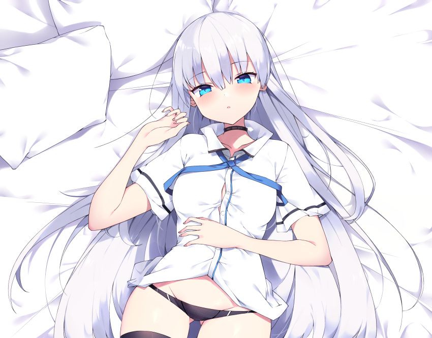 1girl absurdres aqua_eyes ass_visible_through_thighs bangs bed_sheet black_choker black_legwear black_panties blue_neckwear blush choker collared_shirt eyebrows_visible_through_hair hair_between_eyes haruyuki_(yukichasoba) highres long_hair looking_at_viewer lowleg lowleg_panties lying non-web_source on_back original panties parted_lips pillow shirt short_sleeves silver_hair solo thigh-highs thigh_gap underwear very_long_hair white_shirt