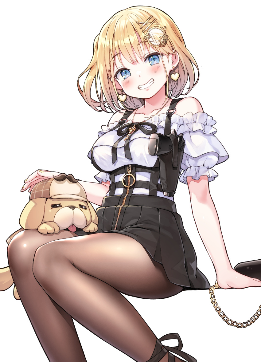 1girl absurdres ayaoshiro bag bangs bare_shoulders black_skirt blonde_hair blue_eyes blush breasts brown_legwear bubba_(watson_amelia) dog earrings grin gun hair_ornament hairclip handbag heart heart_earrings highres hololive hololive_english holster holstered_weapon jewelry looking_at_viewer medium_breasts monocle_hair_ornament official_alternate_costume pantyhose short_hair simple_background skirt smile solo watson_amelia weapon white_background zipper