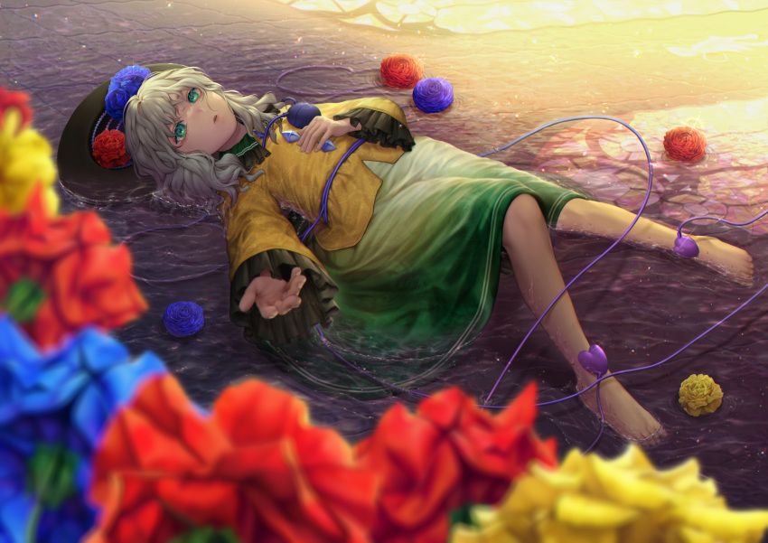 barefoot black_headwear blouse blue_flower blue_rose eyeball flower frilled_shirt_collar frilled_sleeves frills green_eyes green_hair green_skirt hat heart heart_of_string highres koishi_day komeiji_koishi koufukutei_yumeko partially_submerged red_flower red_rose rose shirt skirt string third_eye touhou water wide_sleeves yellow_blouse yellow_flower yellow_rose yellow_shirt