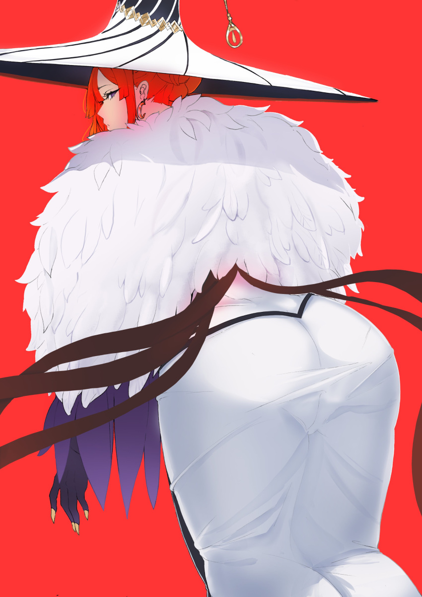 1girl absurdres ass back bangs blush claws dress earrings fate/grand_order fate_(series) feather_boa hat highres jewelry long_hair long_sleeves looking_at_viewer looking_back miss_crane_(fate) puffy_sleeves puzenketsu red_background redhead violet_eyes white_dress white_headwear witch_hat