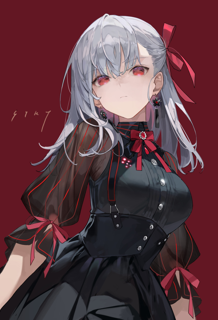 1girl absurdres bangs black_dress breasts buttons chyoel dark_sakura dress earrings fate/stay_night fate_(series) hair_ribbon heaven's_feel highres jewelry large_breasts long_hair looking_at_viewer matou_sakura red_background red_eyes ribbon underbust white_hair