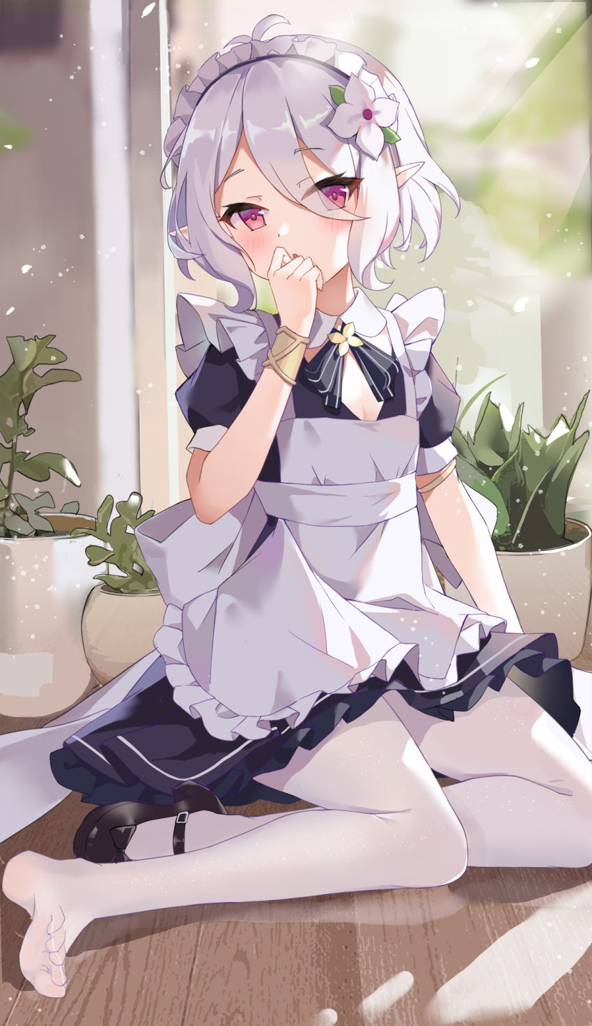 1girl apron bangs blush bow bowtie breasts dress elf eyebrows_visible_through_hair flower frilled_apron frills hair_between_eyes hair_flower hair_ornament highres indoors kokkoro_(princess_connect!) looking_at_viewer maid maid_apron maid_headdress open_mouth pantyhose pink_eyes plant pointy_ears potted_plant princess_connect! princess_connect!_re:dive serika shoes short_hair silver_hair single_shoe soles solo white_legwear window wristband