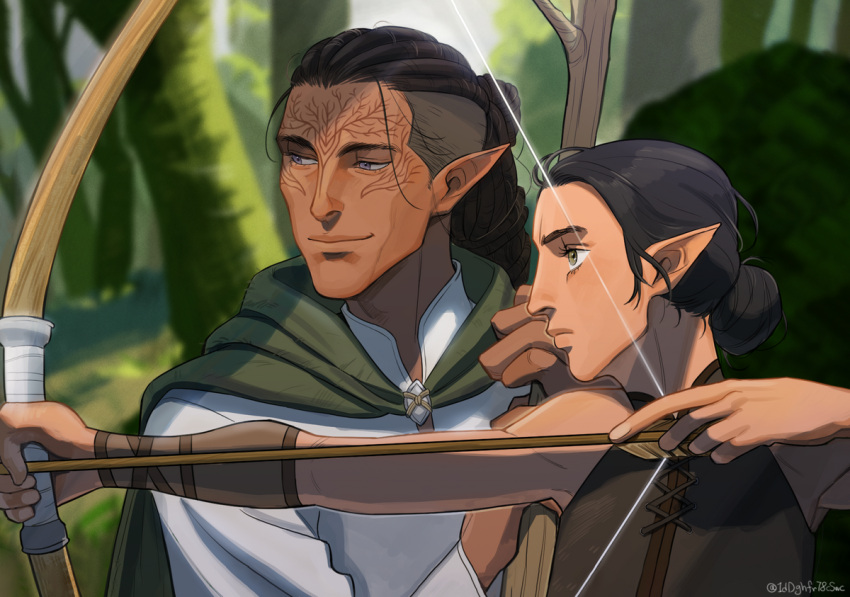 1boy 1girl black_hair blue_eyes bow_(weapon) character_request cheetahman_(1ddghfr78cswc) cloak dark_skin dark-skinned_female dark_skinned_male dragon_age elf facial_tattoo forest from_side grey_eyes hair_bun hairlocs holding holding_weapon long_hair nature outdoors pointy_ears shirt smile tattoo tree undercut weapon
