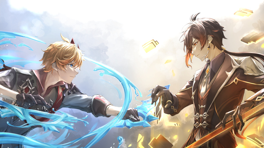 2boys bangs black_gloves blue_eyes brown_hair collared_shirt commentary_request earrings eyeliner eyeshadow floating floating_object floating_sword floating_weapon formal from_side fuyuni0307 genshin_impact gloves gradient_hair hair_between_eyes hair_tie highres holding holding_sword holding_weapon jacket jewelry liquid_weapon long_hair long_sleeves looking_at_another makeup male_focus mask mask_on_head multicolored_hair multiple_boys necktie open_mouth orange_hair polearm ponytail red_eyeshadow shirt short_hair simple_background single_earring spear suit sword tartaglia_(genshin_impact) tassel tassel_earrings thumb_ring water weapon yellow_eyes zhongli_(genshin_impact)