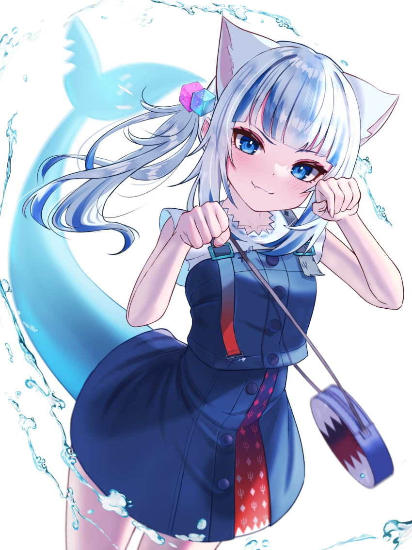 1girl :3 animal_ears blue_dress blue_eyes blush cat_ears collarbone commentary_request cowboy_shot dress dutch_angle extra_ears fang fish_tail gawr_gura hands_up highres hololive hololive_english inari_(ambercrown) long_hair looking_at_viewer multicolored_hair one_side_up paw_pose shark_tail silver_hair simple_background skin_fang solo streaked_hair tail water white_background