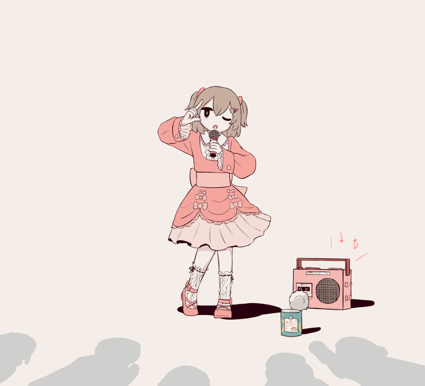 1girl 5others absurdres avogado6 bear_hair_ornament beige_background black_eyes bow brown_hair busking can center_frills collared_shirt commentary dress frilled_dress frilled_legwear frilled_shirt frilled_shirt_collar frills full_body hair_bow hair_ornament hairclip hands_up heart highres layered_dress medium_hair microphone multiple_others music musical_note no_sclera one_eye_closed open_mouth original pink_bow pink_dress pink_footwear pleated_dress radio shadow shirt short_twintails simple_background singing standing twintails white_shirt