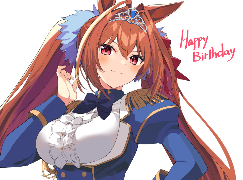 1girl black_bow black_neckwear blush bow bowtie breasts brown_hair buttons closed_mouth daiwa_scarlet_(umamusume) epaulettes hair_intakes happy_birthday highres juliet_sleeves large_breasts light_smile long_hair long_sleeves puffy_sleeves red_eyes simple_background solo takehana_note tiara twintails umamusume upper_body white_background