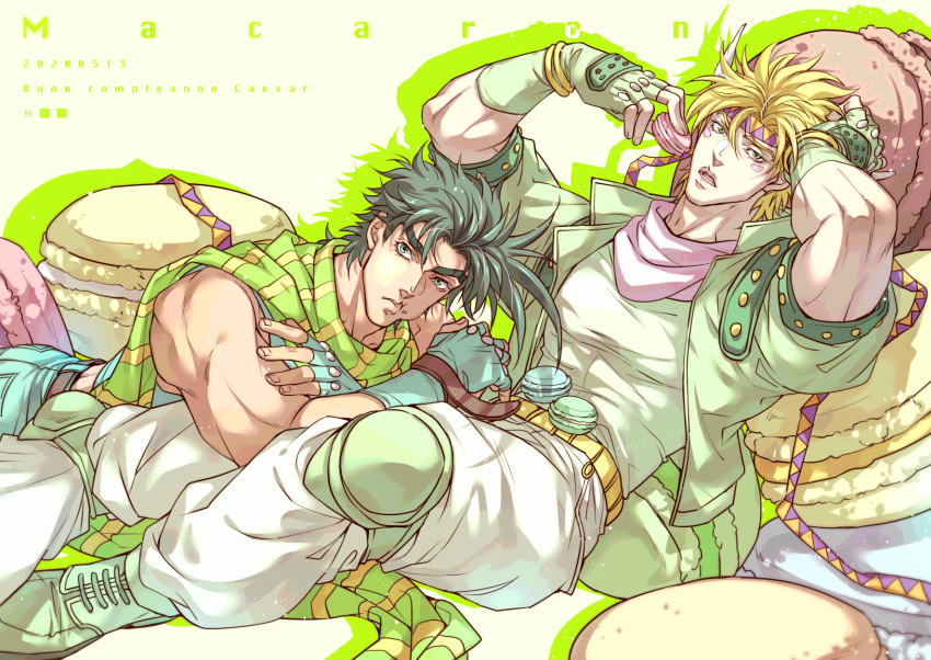 2boys :t alternate_hair_color aqua_eyes aqua_gloves artist_name bare_shoulders battle_tendency birthday blonde_hair caesar_anthonio_zeppeli character_name chinese_commentary commentary_request crossed_arms dated drop_shadow facial_mark feathers fingerless_gloves food foot_on_face gloves green_eyes green_footwear green_gloves green_hair green_jacket green_scarf green_shirt hair_feathers hand_on_own_head happy_birthday head_rest headband highres holding holding_food italian_text jacket jojo_no_kimyou_na_bouken joseph_joestar_(young) knee_pads lying lying_on_person macaron male_focus multiple_boys muscular muscular_male on_stomach open_mouth oversized_food pants pink_scarf reclining sashiyu scarf shirt short_hair sleeveless striped striped_scarf triangle_print white_pants