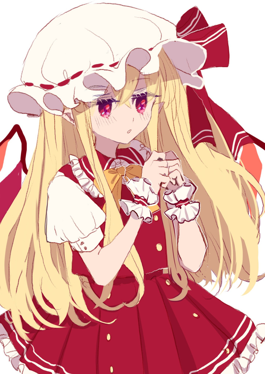 1girl alternate_hair_length alternate_hairstyle blonde_hair bow bowtie buttons collar crystal fingers_together flandre_scarlet frilled_collar frilled_skirt frills hair_between_eyes hair_bow hat highres light_blush looking_down mob_cap one_side_up pleated_skirt pointy_ears puffy_short_sleeves puffy_sleeves red_eyes red_skirt red_vest ribbon_trim shocho_(shaojiujiu) short_sleeves side_ponytail sketch skirt touhou upper_body vest white_background wings wrist_cuffs yellow_neckwear