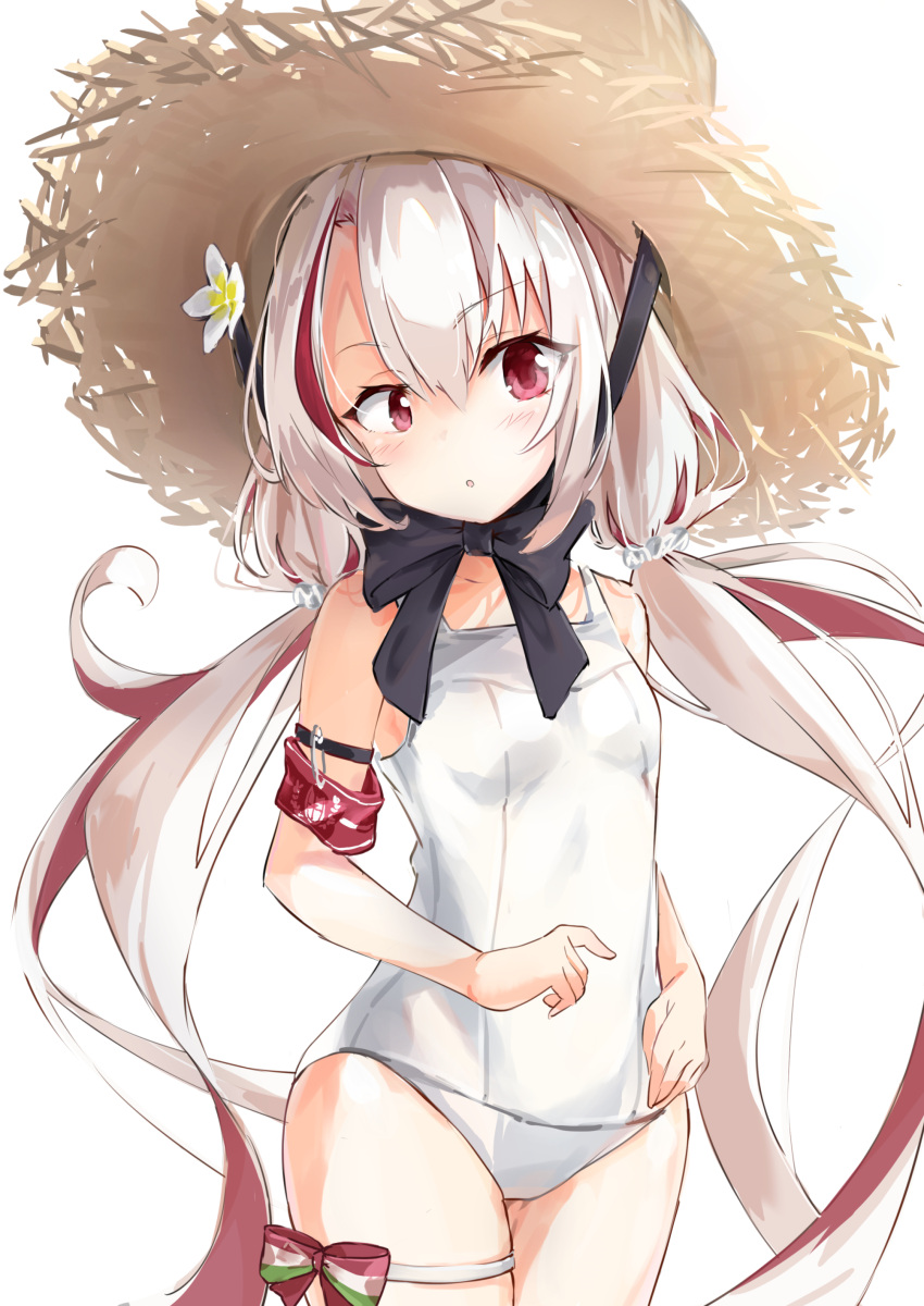 1girl absurdres armband azur_lane breasts collarbone commentary hat highres long_hair low_twintails maestrale_(azur_lane) mugi_no_hikyaku red_eyes ribbon silver_hair simple_background small_breasts solo straw_hat swimsuit twintails white_background