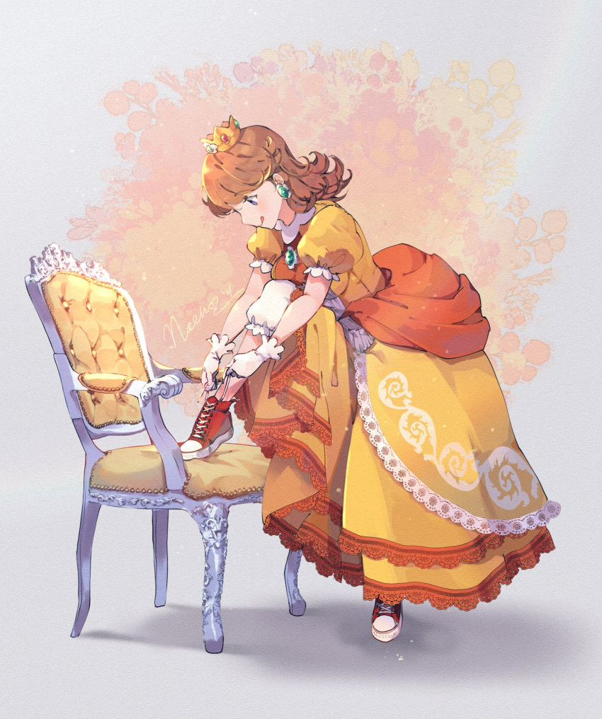 1girl alternate_footwear bloomers blue_eyes breasts brown_hair chair converse crown dress earrings english_commentary flipped_hair full_body highres jewelry lace-trimmed_dress lace_trim leg_up licking_lips long_dress looking_down super_mario_bros. medium_breasts medium_hair nachoz_(nachozart) princess_daisy print_dress puffy_short_sleeves puffy_sleeves red_footwear shoes short_sleeves sneakers solo tongue tongue_out tying_footwear underwear yellow_dress