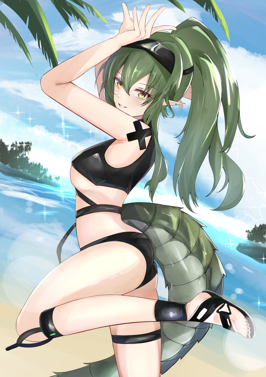 1girl absurdres alternate_costume ankle_strap arknights beach bikini black_bikini breasts clouds commentary_request crocodilian_tail day depayama_(depaty) foot_out_of_frame from_side gavial_(arknights) green_hair hand_up highleg highleg_bikini highres long_hair long_sleeves looking_at_viewer looking_to_the_side medium_breasts navel parted_lips pointy_ears ponytail sandals sidelocks sky smile solo sparkle standing standing_on_one_leg swimsuit tail thigh_strap thighs under_boob visor_cap yellow_eyes
