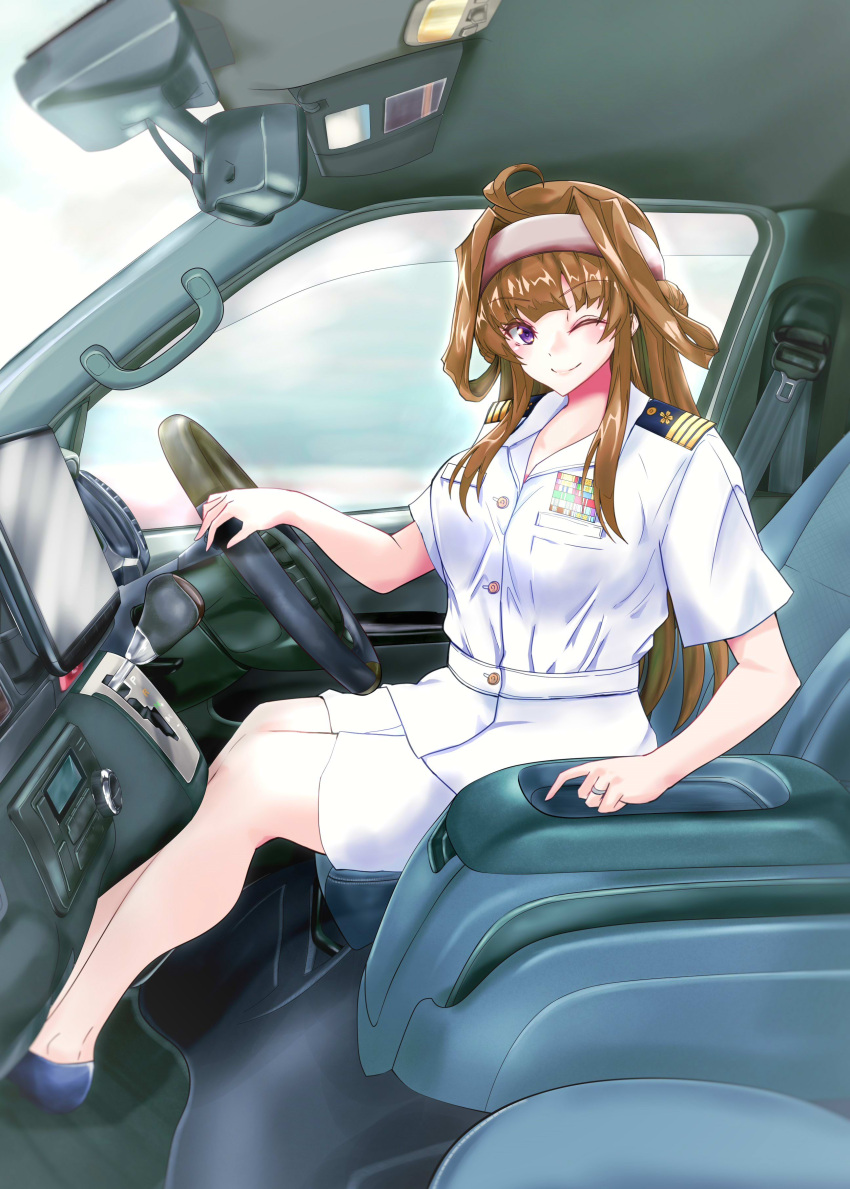 1girl absurdres ahoge alternate_costume brown_hair car car_interior double_bun ground_vehicle hairband highres kantai_collection kongou_(kancolle) long_hair looking_at_viewer military military_uniform motor_vehicle naval_uniform one_eye_closed right-hand_drive shamo_(ptwmjgda) solo steering_wheel uniform violet_eyes white_hairband