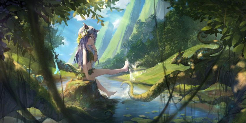 1girl bare_arms bare_legs barefoot blue_eyes blue_hair child day dragon_girl flower forest hair_flower hair_ornament hand_to_own_mouth highres horns leaf_bikini lily_pad lizard long_hair looking_at_viewer mountain mushroom nature observerz original outdoors river scales sitting solo splashing tail tree_stump water