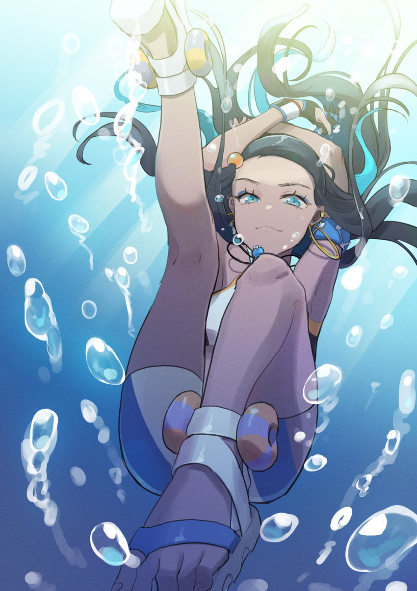 1girl air_bubble armlet arms_up bike_shorts black_hair blue_eyes blue_eyeshadow blue_hair bubble closed_mouth commentary_request dark_skin dark-skinned_female dynamax_band earrings eyeshadow gloves gym_leader highres hoop_earrings jewelry kneepits knees long_hair looking_at_viewer makeup multicolored_hair myattamyata necklace nessa_(pokemon) partially_fingerless_gloves pokemon pokemon_(game) pokemon_swsh sandals single_glove smile solo toes two-tone_hair underwater white_footwear