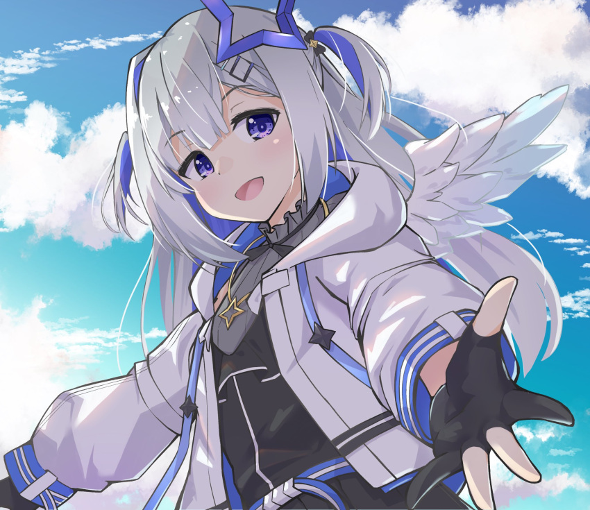 1girl alternate_hairstyle amane_kanata angel_wings casual clouds commentary fingerless_gloves gloves hair_ornament hairclip highres hololive jacket jewelry long_hair looking_at_viewer multicolored_hair necklace rururaroru sky solo violet_eyes virtual_youtuber wings