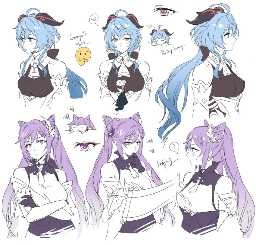 2girls ? ahoge bell black_gloves blue_hair breasts chibi cowbell crossed_arms detached_sleeves eyes ganyu_(genshin_impact) genshin_impact gloves goat_horns hair_cones horns keqing_(genshin_impact) long_hair medium_breasts multiple_girls multiple_views negom purple_hair simple_background sketch spoken_question_mark twintails violet_eyes white_background