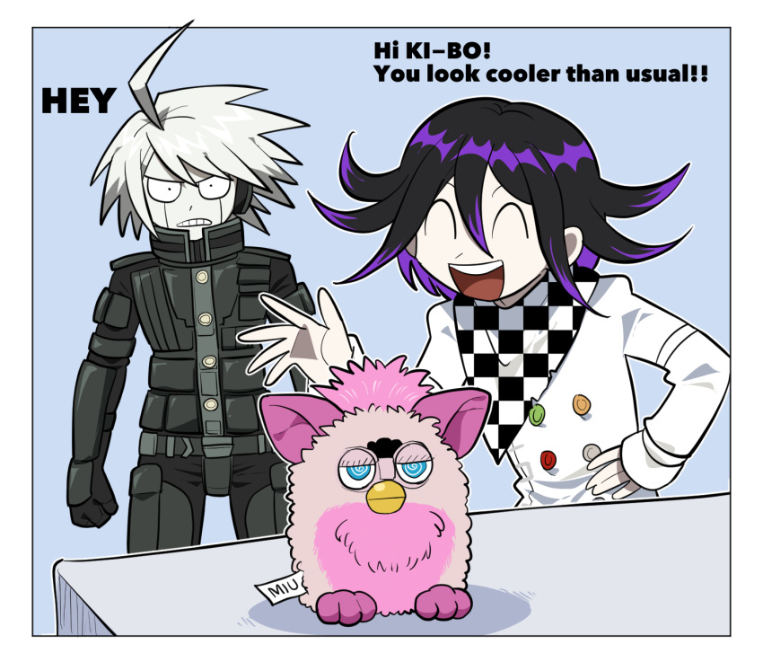 2boys :d ahoge android angry bangs blue_background border checkered checkered_scarf clenched_teeth commentary_request dangan_ronpa_(series) dangan_ronpa_v3:_killing_harmony frown furby furukawa_(yomawari) grey_hair hand_up highres jacket keebo long_sleeves male_focus multiple_boys open_mouth ouma_kokichi pale_skin scarf smile standing straitjacket teeth white_border white_jacket wide-eyed