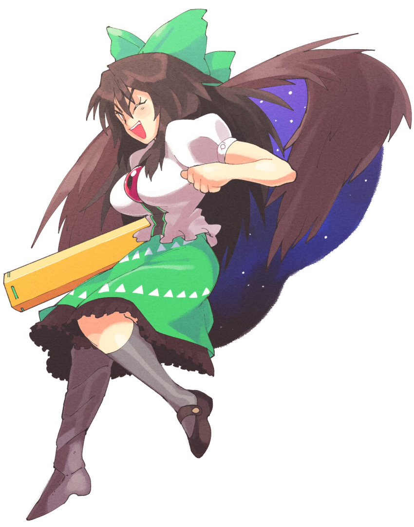 1girl arm_cannon bird_wings black_legwear blinking blouse bow breasts brown_hair brown_wings buttons cape collared_blouse eyes frilled_skirt frills green_bow green_skirt hair_bow highres inkerton-kun kneehighs long_hair medium_breasts mismatched_footwear ponytail puffy_short_sleeves puffy_sleeves reiuji_utsuho shoes short_sleeves single_shoe skirt smile starry_sky_print third_eye touhou weapon white_blouse white_cape wings