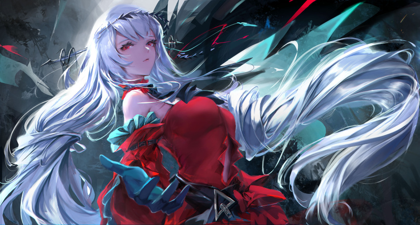 1girl absurdres aqua_gloves arknights ascot bangs bare_shoulders black_neckwear breasts detached_sleeves dress floating_hair gloves hair_ornament highres long_hair long_sleeves looking_at_viewer medium_breasts outstretched_arm red_dress red_eyes sishima skadi_(arknights) skadi_the_corrupting_heart_(arknights) solo twintails upper_body very_long_hair white_hair