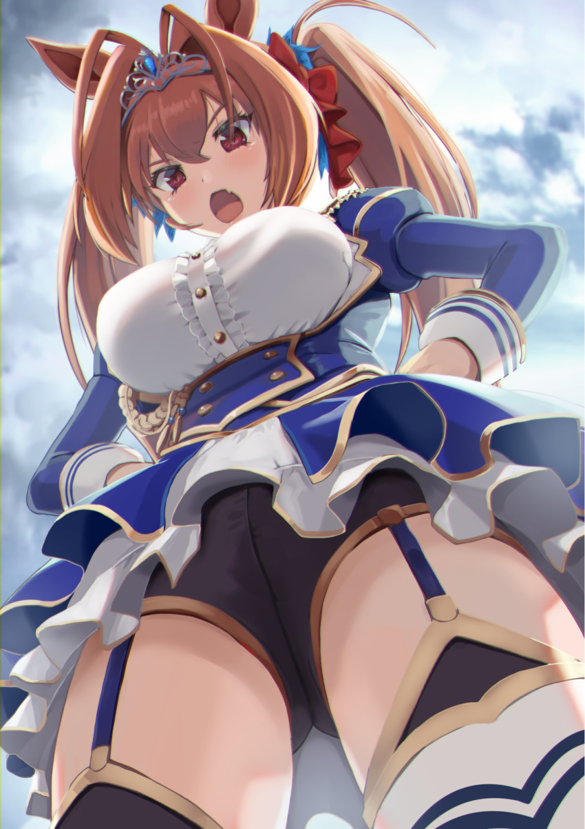 1girl animal_ears antenna_hair ass_visible_through_thighs black_legwear black_shorts blue_jacket blush bow breasts brown_hair center_frills chicken_(chickenx) clouds cloudy_sky commentary_request daiwa_scarlet_(umamusume) day fang frilled_shirt frills from_below garter_straps hair_bow hair_intakes highres horse_ears jacket large_breasts layered_skirt long_hair long_sleeves looking_at_viewer looking_down mismatched_legwear open_clothes open_jacket open_mouth outdoors red_bow red_eyes shirt short_shorts shorts shorts_under_skirt skin_fang skirt sky solo thigh-highs tiara twintails umamusume white_legwear white_shirt
