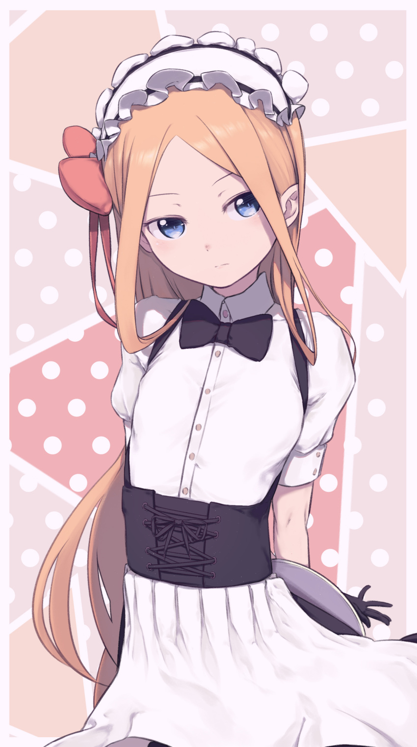 1girl abigail_williams_(fate) absurdres apron arms_behind_back bangs black_skirt blonde_hair blue_eyes bow breasts collared_shirt corset daisi_gi dress fate/grand_order fate_(series) forehead hair_bow highres long_hair maid_headdress orange_bow parted_bangs shirt short_sleeves skirt small_breasts tray underbust white_apron white_shirt