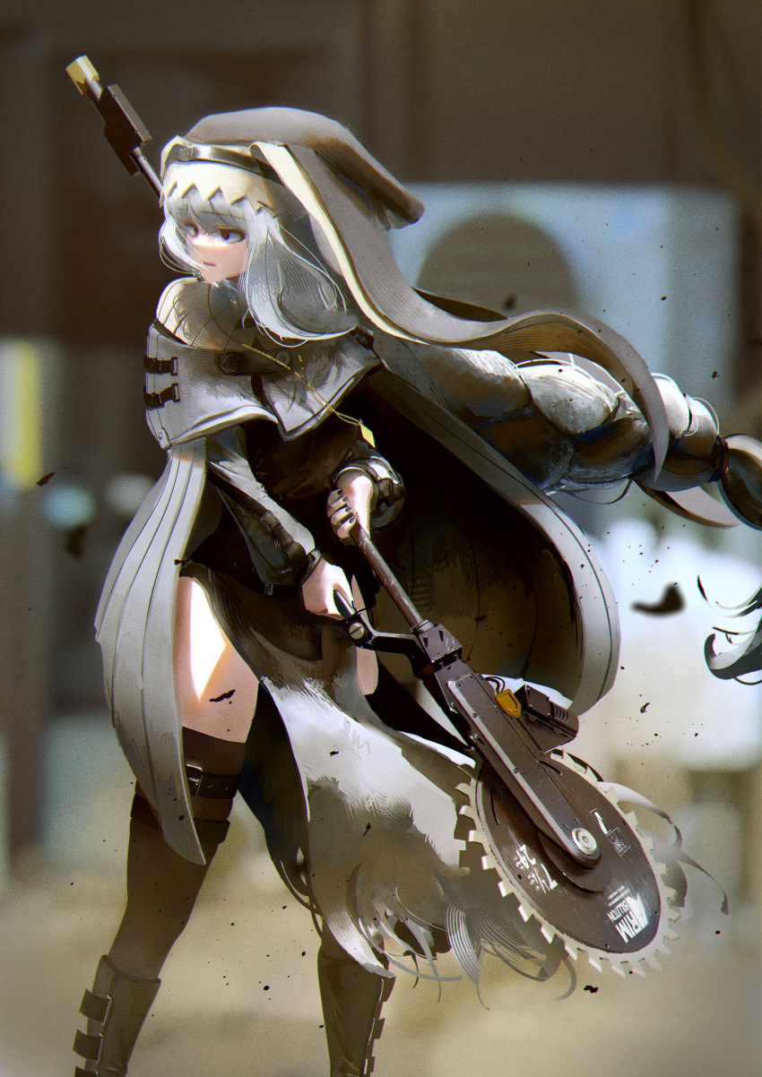 1girl arknights bangs black_nails boots floating_hair grey_cloak habit highres holding holding_weapon kusami_toka_naku_au long_hair looking_to_the_side nun red_eyes saw silver_hair solo specter_(arknights) thigh-highs thigh_boots very_long_hair weapon