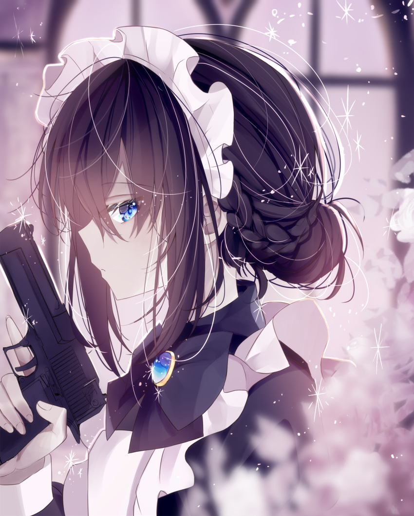 1girl apron black_dress black_hair blue_eyes blurry blurry_background blurry_foreground braid commentary dress dust flower frilled_apron frills gun hair_bun hair_up highres holding holding_gun holding_weapon indoors long_sleeves looking_at_viewer maid_day maid_headdress original profile serious side_braid sidelocks solo sparkle upper_body weapon white_apron white_flower window yuiragi_yuki