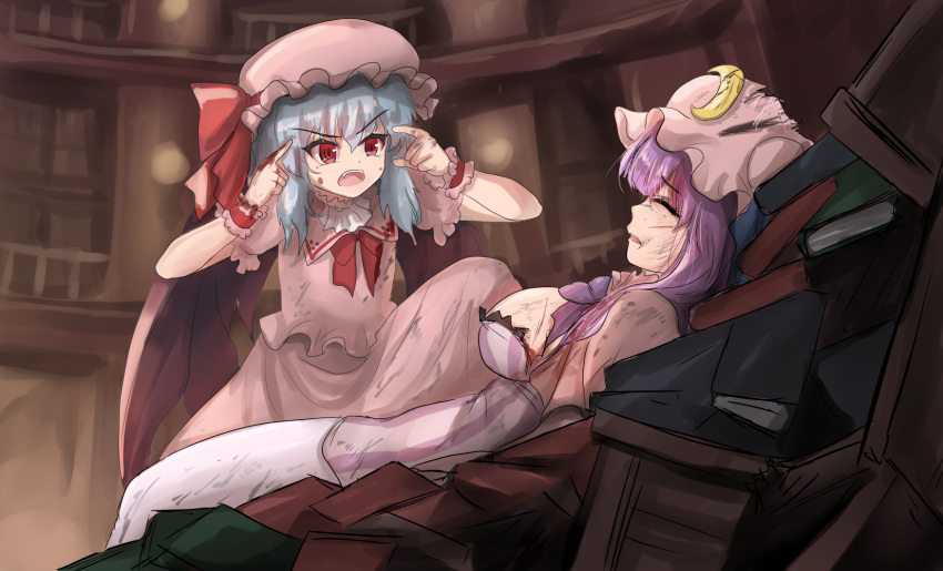 bat_wings battle_damage blood bloody_clothes bloody_hands blue_hair book breasts closed_eyes crescent crescent_hat_ornament dress fangs frilled_dress frilled_hat frills hat hat_ornament highres invincible_(series) large_breasts library long_hair medium_hair meme namiki_(remiter00) parody patchouli_knowledge purple_hair purple_ribbon red_eyes red_ribbon remilia_scarlet ribbon think_mark_think!_(meme) touhou wings