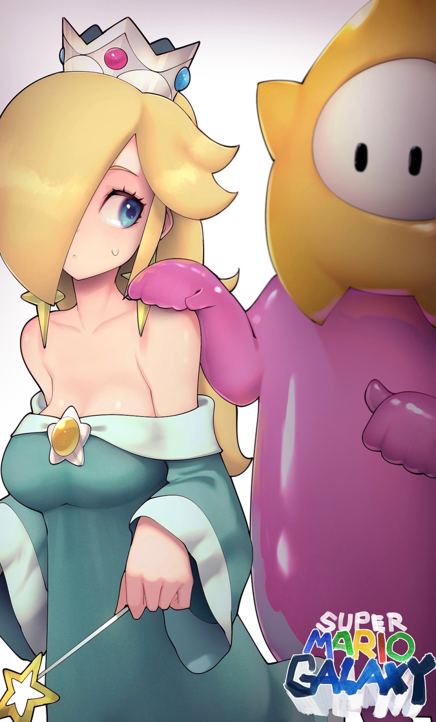 1girl 1other aqua_dress bare_shoulders blonde_hair blue_eyes breasts crown dress hair_over_one_eye hand_on_another's_shoulder highres holding holding_wand kashu_(hizake) long_hair long_sleeves luma_(mario) super_mario_bros. medium_breasts off-shoulder_dress off_shoulder rosalina super_mario_galaxy sweatdrop upper_body wand wide_sleeves