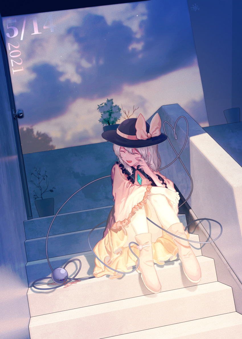 1girl arm_on_knee black_headwear blue_sky boots closed_eyes clouds dated dated_commentary door dutch_angle facing_to_the_side furahata_gen hand_on_own_face hat hat_ribbon heart heart_of_string highres koishi_day komeiji_koishi long_sleeves open_mouth pink_footwear plant potted_plant ribbon shirt short_hair silver_hair sitting skirt sky solo stairs third_eye touhou tree wide_sleeves yellow_shirt yellow_skirt