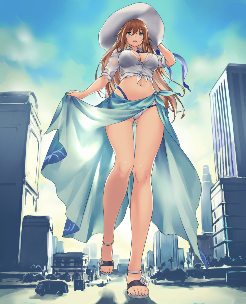 1girl ass_visible_through_thighs bikini blue_bikini blush breasts brown_hair building city giant giantess girls_frontline green_eyes ground_vehicle hat highres large_breasts long_hair m1903_springfield_(girls_frontline) motor_vehicle navel open_mouth outdoors sandals sarong see-through_shirt shirt size_difference skindentation solo sun_hat swimsuit teston truck white_shirt
