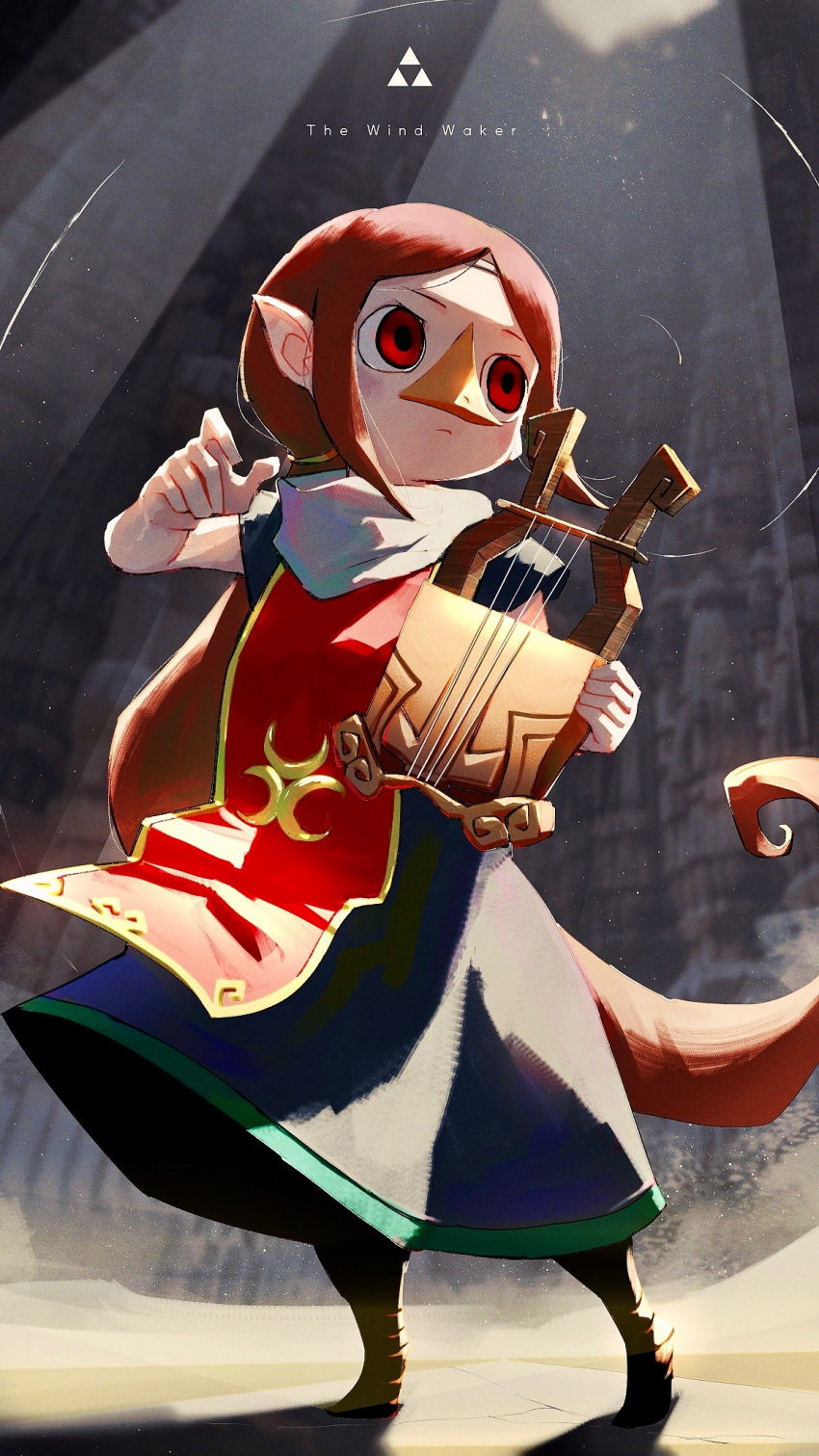 1girl beak black_dress brown_hair dress full_body hand_up harp highres holding holding_instrument instrument kashu_(hizake) long_hair medli pointy_ears red_eyes red_tabard rito short_sleeves solo standing the_legend_of_zelda the_legend_of_zelda:_the_wind_waker very_long_hair