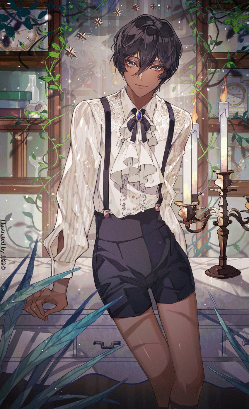 1boy absurdres black_hair black_shorts brown_eyes candle clock collared_shirt feet_out_of_frame fire hair_between_eyes highres leaf long_sleeves male_focus original plant shadow shelf shirt shirt_tucked_in short_hair shorts smile solo sqloveraven suspenders white_shirt