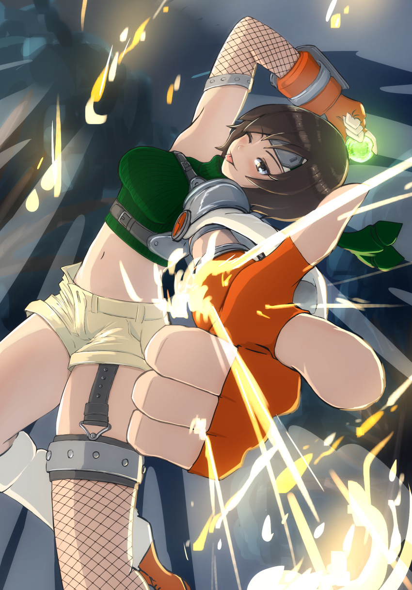 1girl aiming_at_viewer armor bangs blush breasts brown_eyes brown_hair brown_shorts close-up commentary cropped_sweater final_fantasy final_fantasy_vii finger_gun fishnet_legwear fishnets foot_up forehead_protector foreshortening gloves green_sweater hand_up headband highres holding looking_at_viewer materia medium_breasts midriff navel ninja one_eye_closed orange_gloves pauldrons pointing ribbed_sweater short_hair short_shorts shorts shoulder_armor single_bare_shoulder single_pauldron sleeveless sleeveless_sweater sleeveless_turtleneck solo sweater tongue tongue_out turtleneck turtleneck_sweater unbuttoned yuffie_kisaragi zeke_(dhzu2422)