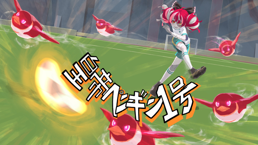 1girl ball bow colored_skin colored_tongue commentary_request double_bun grey_hair hair_bow heterochromia highres hololive hololive_indonesia inazuma_eleven_(series) jersey kicking kureiji_ollie laing multicolored_hair open_mouth parody patchwork_skin red_eyes redhead short_sleeves shorts smile soccer_ball soccer_field soccer_uniform solo sportswear stadium stitched_face stitches translation_request virtual_youtuber white_hair yellow_eyes zombie